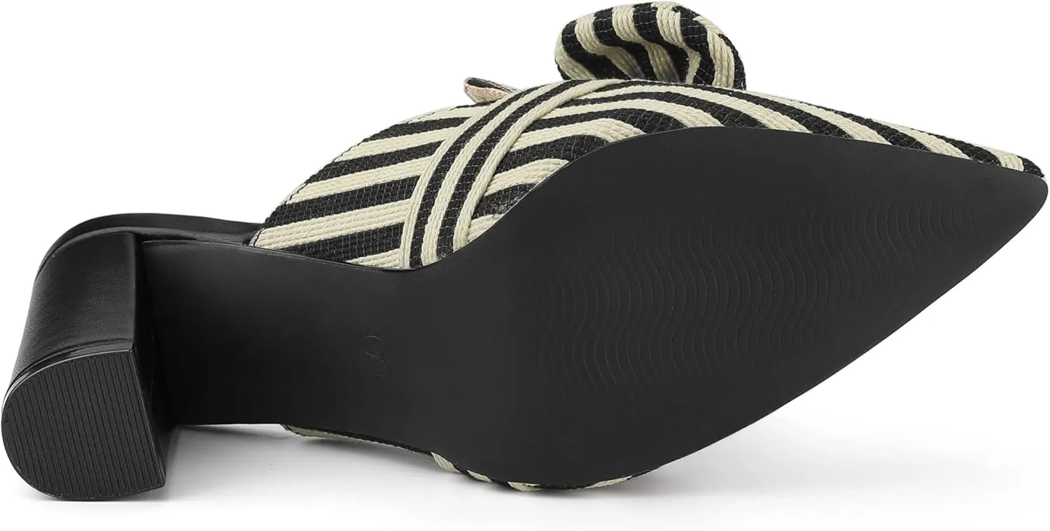Allegra K Women's Stripe Bow Pointed Toe Block Heel Slides Mules