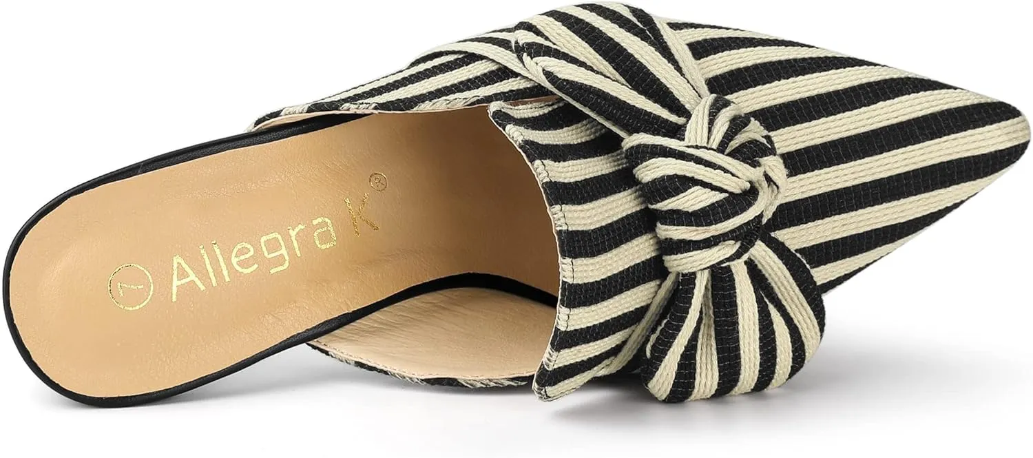 Allegra K Women's Stripe Bow Pointed Toe Block Heel Slides Mules