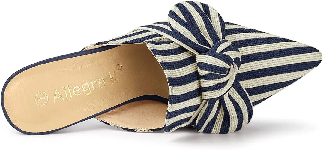 Allegra K Women's Stripe Bow Pointed Toe Block Heel Slides Mules