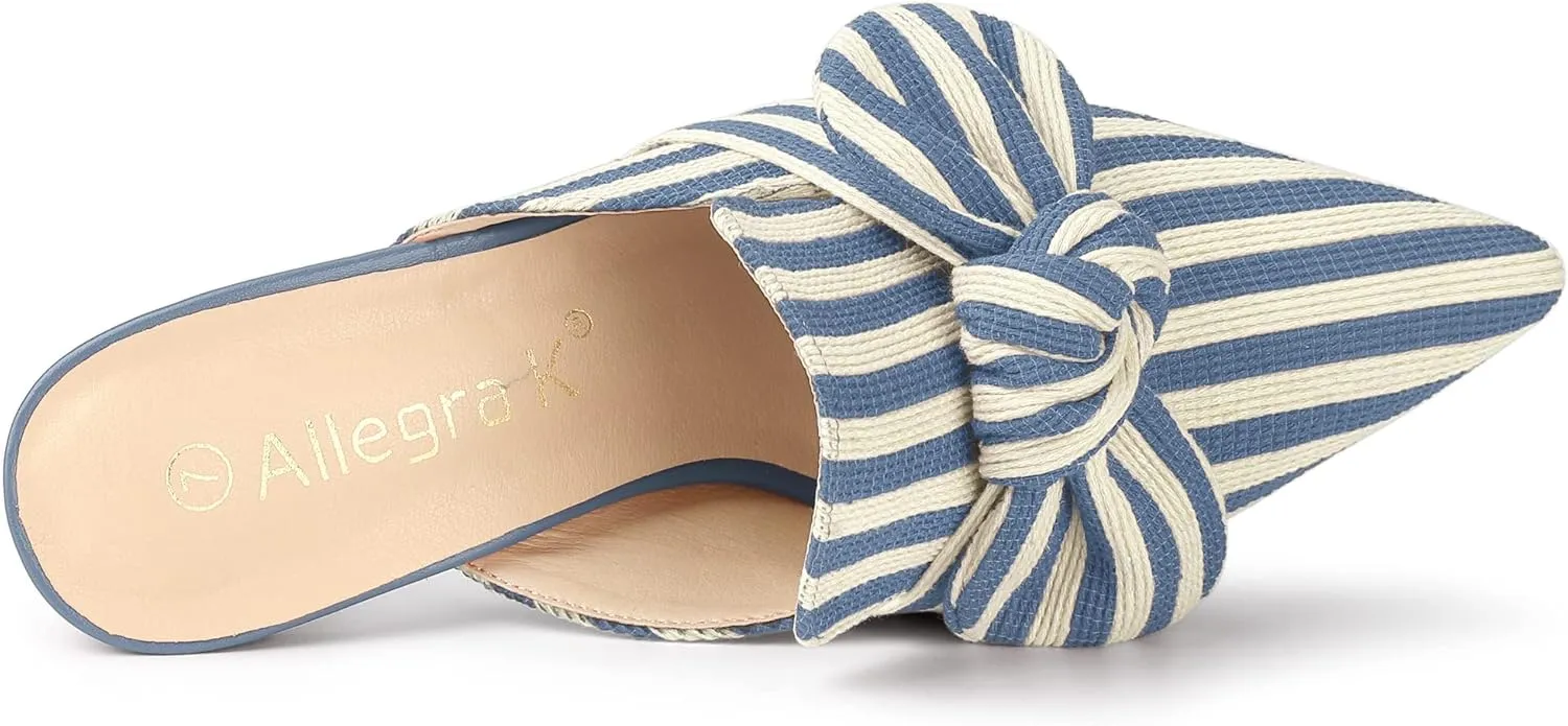 Allegra K Women's Stripe Bow Pointed Toe Block Heel Slides Mules
