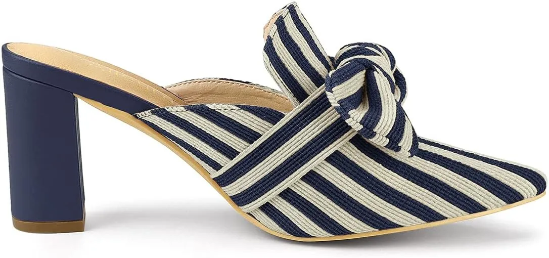 Allegra K Women's Stripe Bow Pointed Toe Block Heel Slides Mules