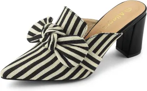 Allegra K Women's Stripe Bow Pointed Toe Block Heel Slides Mules