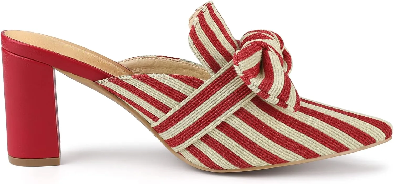 Allegra K Women's Stripe Bow Pointed Toe Block Heel Slides Mules