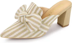 Allegra K Women's Stripe Bow Pointed Toe Block Heel Slides Mules