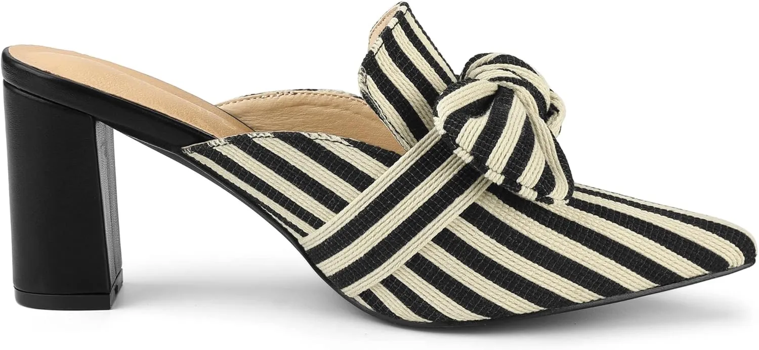 Allegra K Women's Stripe Bow Pointed Toe Block Heel Slides Mules