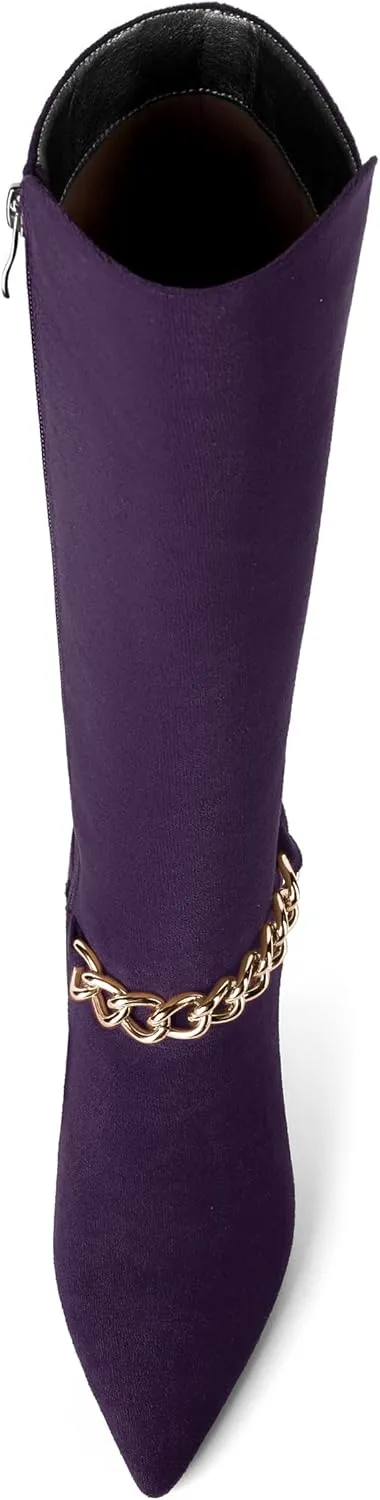 AMBELIGHT Womens Metal Chain Cold Weather Solid Pointed Toe Wedding Suede Zip Ankle Strap Block High Heel Knee High Boots 3.3 Inch
