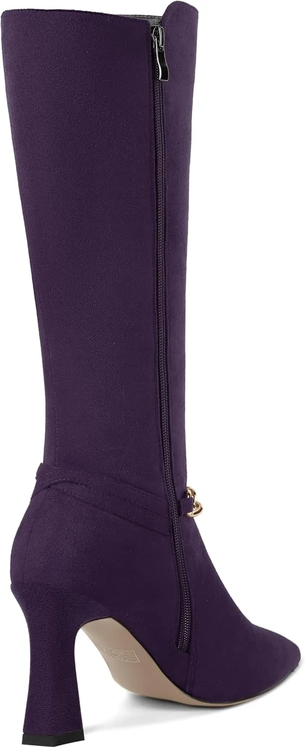 AMBELIGHT Womens Metal Chain Cold Weather Solid Pointed Toe Wedding Suede Zip Ankle Strap Block High Heel Knee High Boots 3.3 Inch