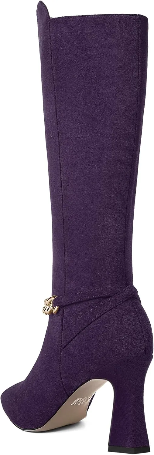 AMBELIGHT Womens Metal Chain Cold Weather Solid Pointed Toe Wedding Suede Zip Ankle Strap Block High Heel Knee High Boots 3.3 Inch