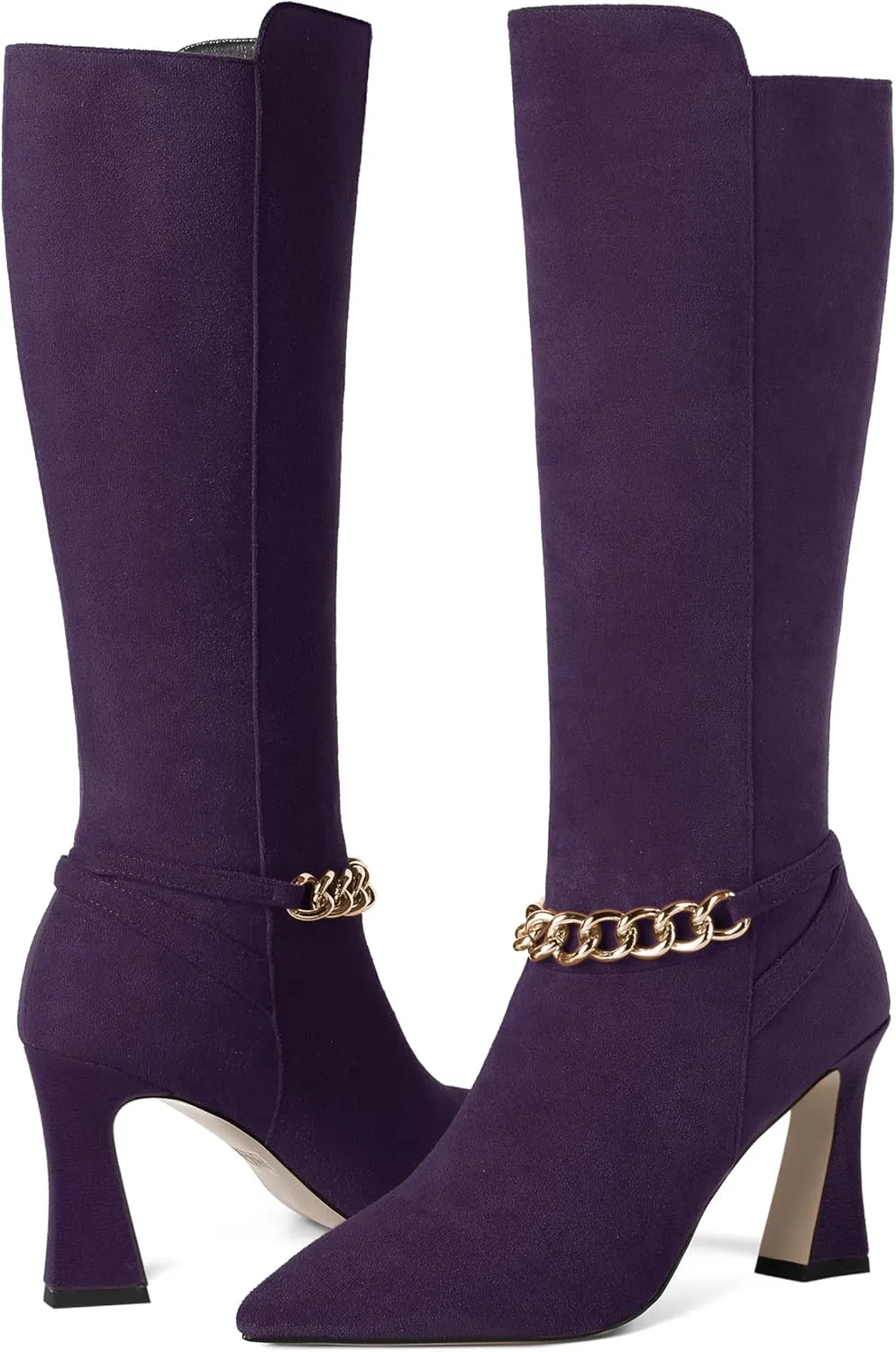 AMBELIGHT Womens Metal Chain Cold Weather Solid Pointed Toe Wedding Suede Zip Ankle Strap Block High Heel Knee High Boots 3.3 Inch