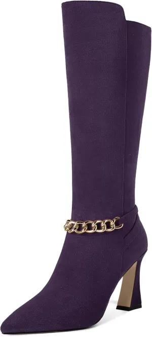 AMBELIGHT Womens Metal Chain Cold Weather Solid Pointed Toe Wedding Suede Zip Ankle Strap Block High Heel Knee High Boots 3.3 Inch