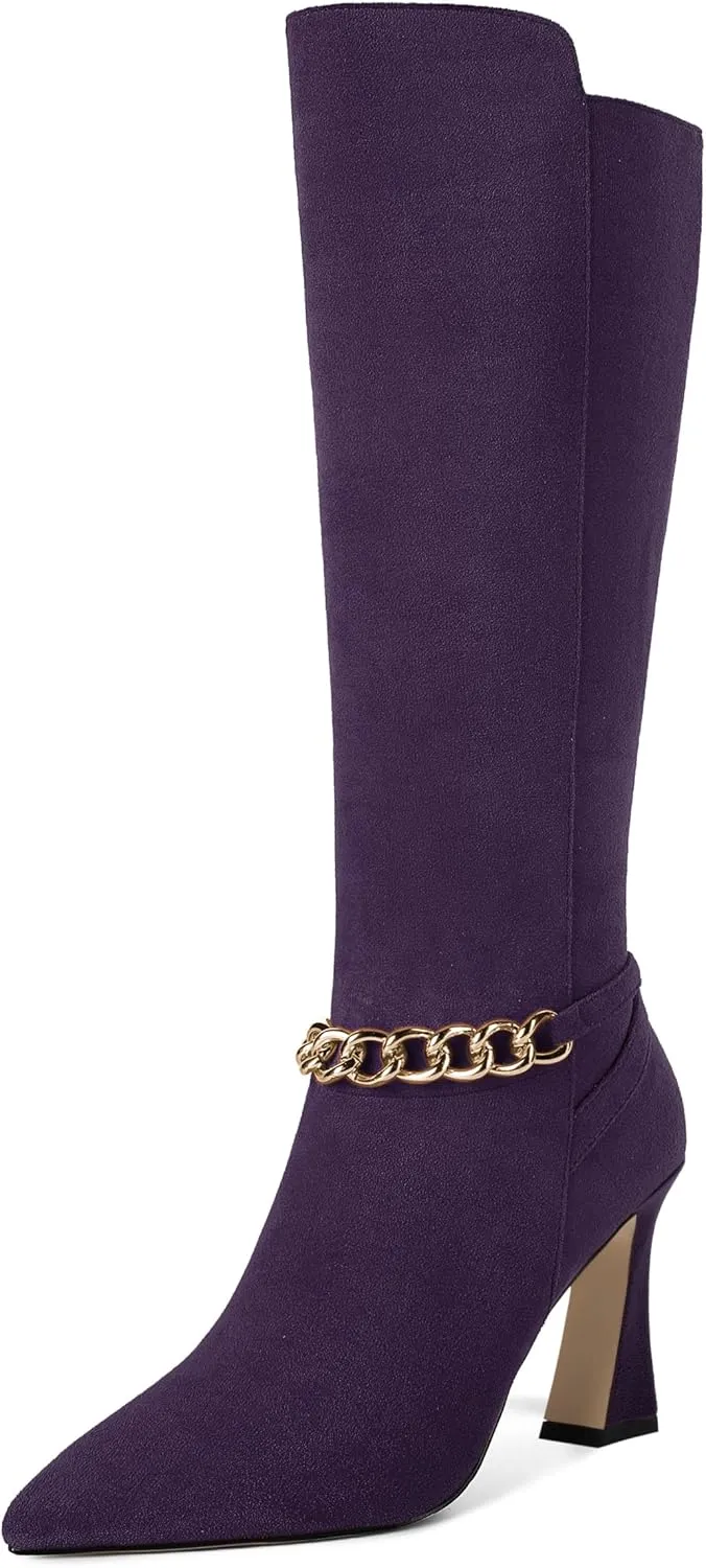 AMBELIGHT Womens Metal Chain Cold Weather Solid Pointed Toe Wedding Suede Zip Ankle Strap Block High Heel Knee High Boots 3.3 Inch