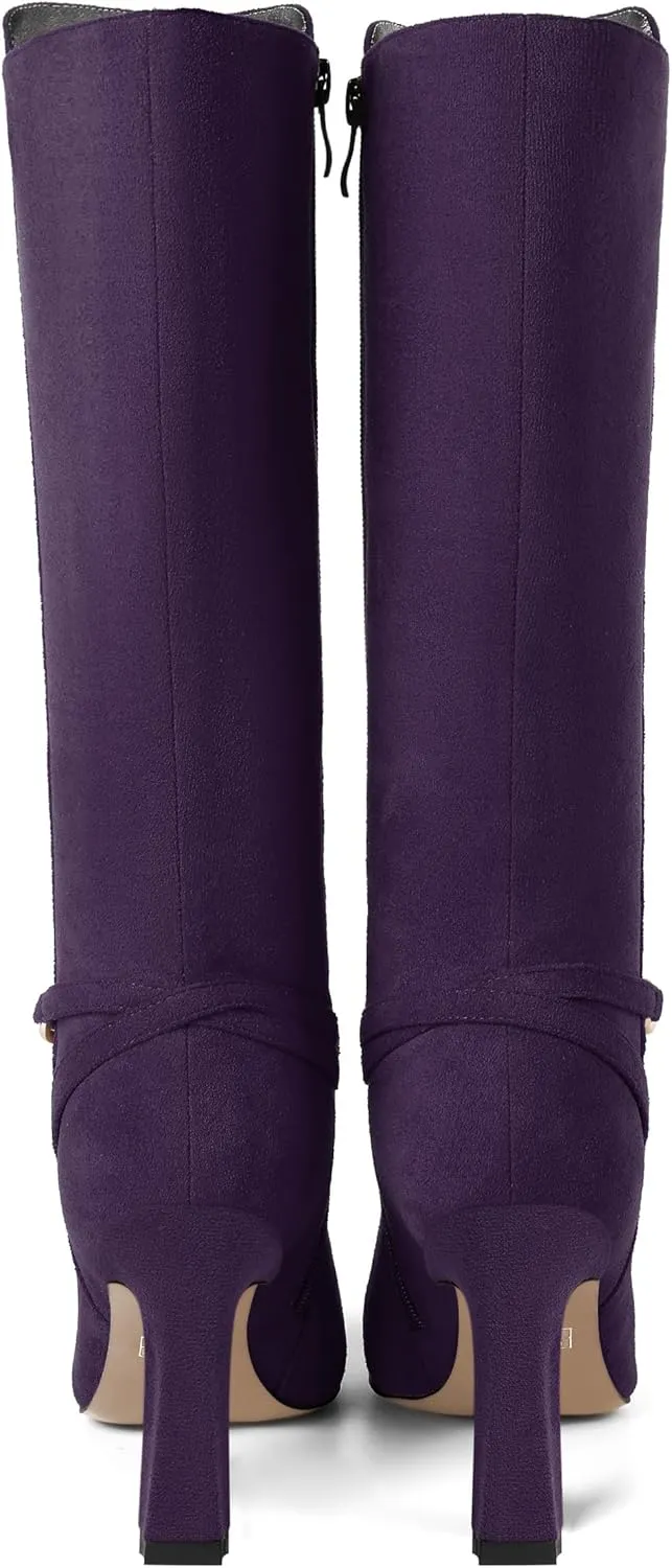 AMBELIGHT Womens Metal Chain Cold Weather Solid Pointed Toe Wedding Suede Zip Ankle Strap Block High Heel Knee High Boots 3.3 Inch