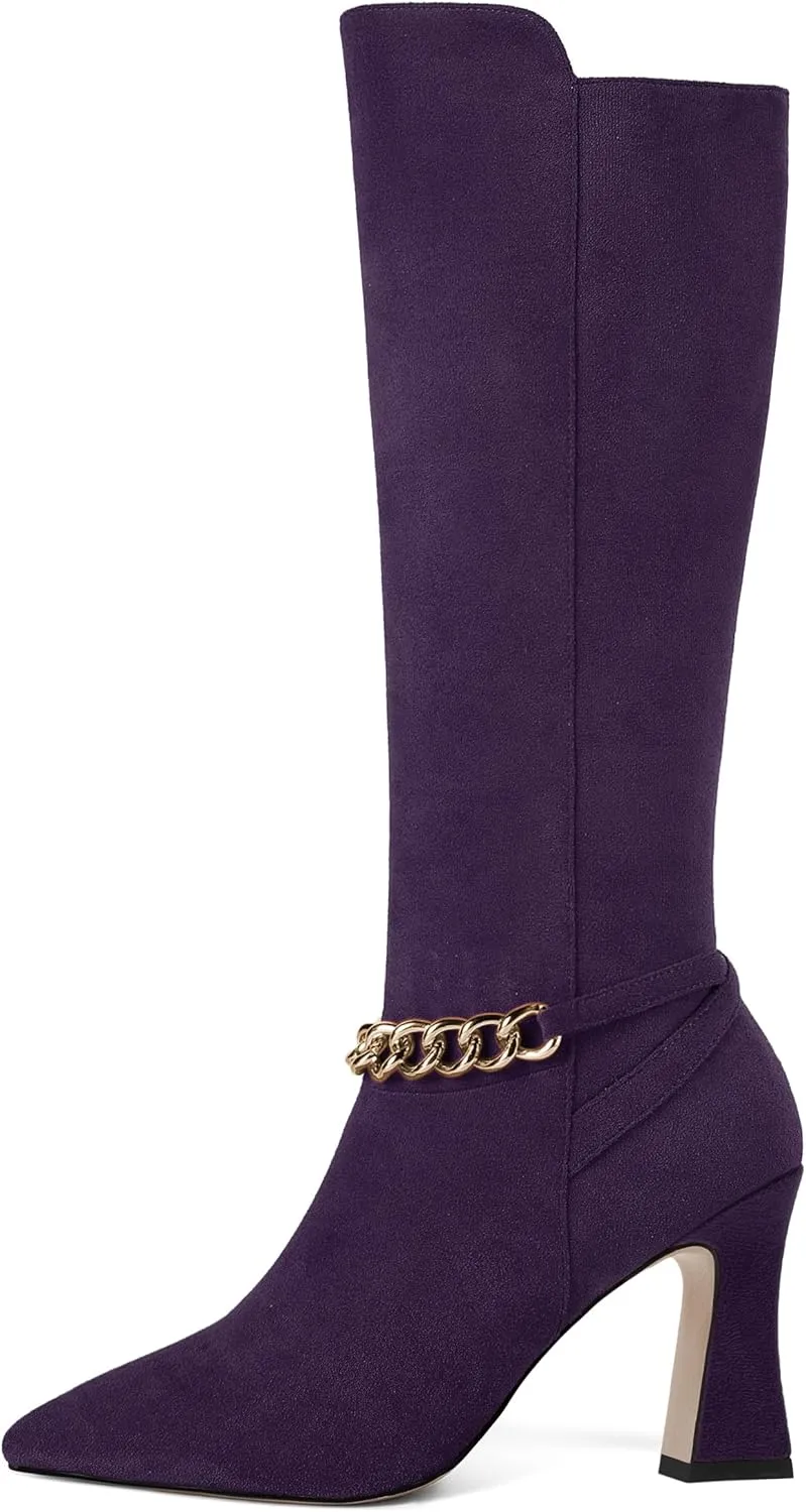 AMBELIGHT Womens Metal Chain Cold Weather Solid Pointed Toe Wedding Suede Zip Ankle Strap Block High Heel Knee High Boots 3.3 Inch