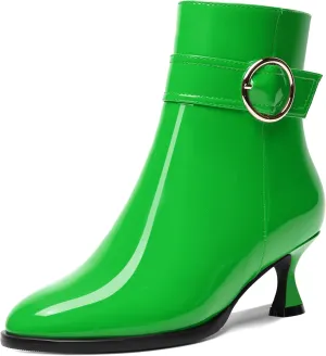 AMBELIGHT Womens Round Toe Dating Ankle Strap Patent Dress Zip Kitten Low Heel Ankle High Boots 2 Inch