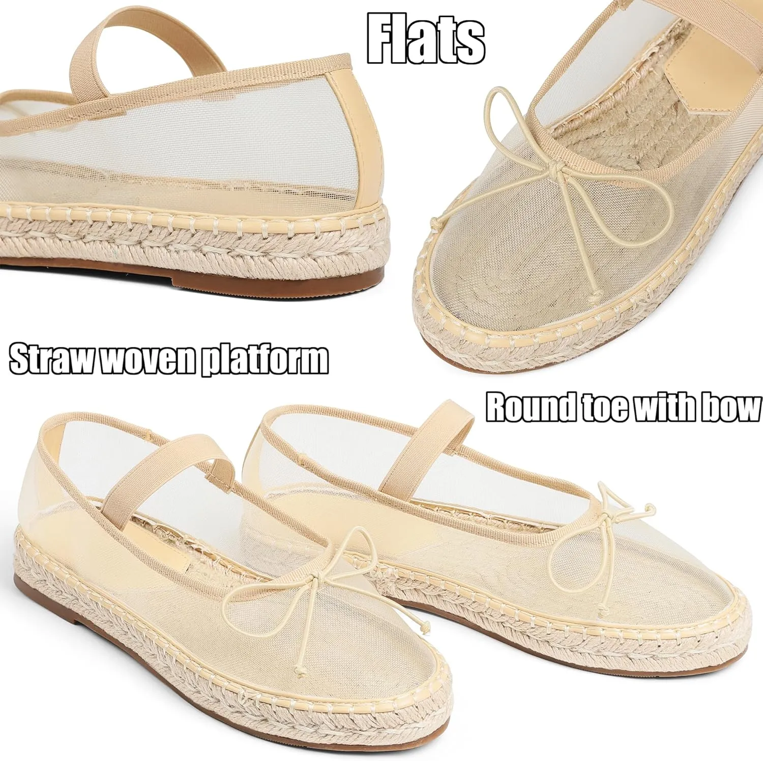 AMINUGAL Mesh Ballet Flats Shoes for Women Round Toe Platform Mary Janes Elastic Espadrilles White Mesh Shoe Woman Dressy Comfortable Ballerina