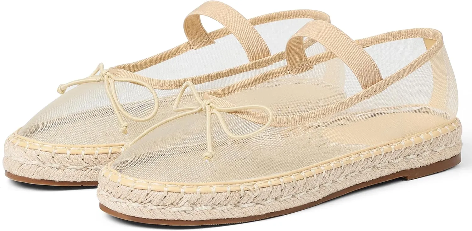 AMINUGAL Mesh Ballet Flats Shoes for Women Round Toe Platform Mary Janes Elastic Espadrilles White Mesh Shoe Woman Dressy Comfortable Ballerina