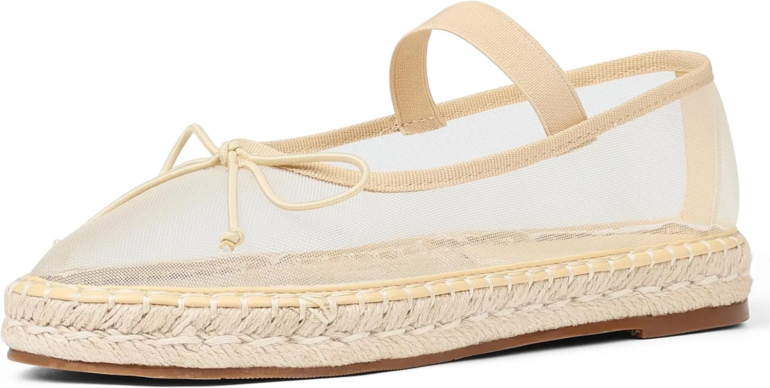 AMINUGAL Mesh Ballet Flats Shoes for Women Round Toe Platform Mary Janes Elastic Espadrilles White Mesh Shoe Woman Dressy Comfortable Ballerina