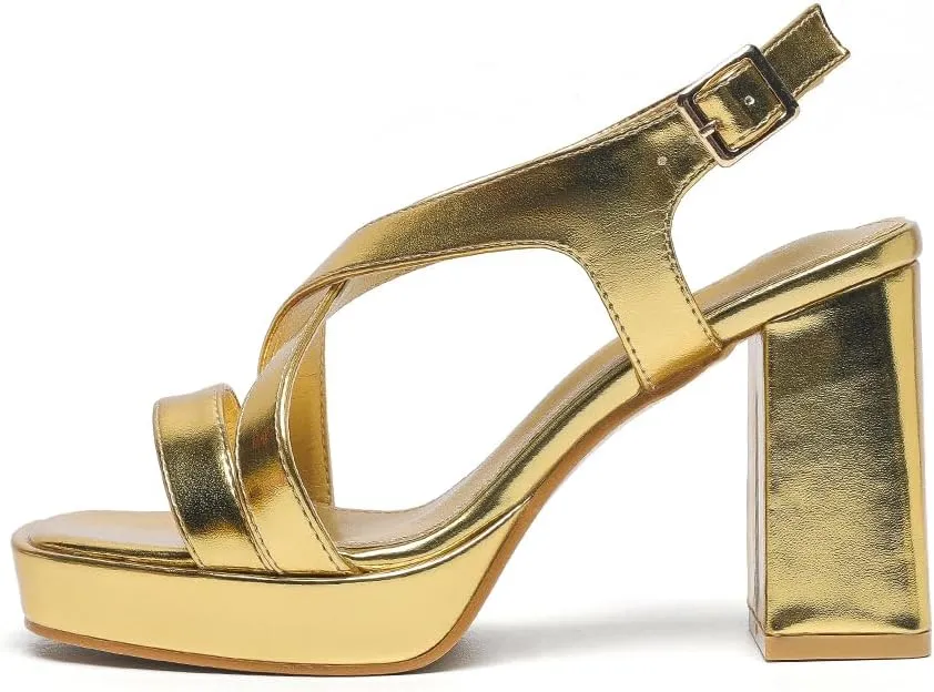 Amoji Women 4 Inch Block Heels Platform Cross Strap Chunky Heeled Sandals 318