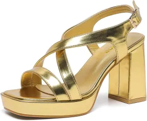 Amoji Women 4 Inch Block Heels Platform Cross Strap Chunky Heeled Sandals 318
