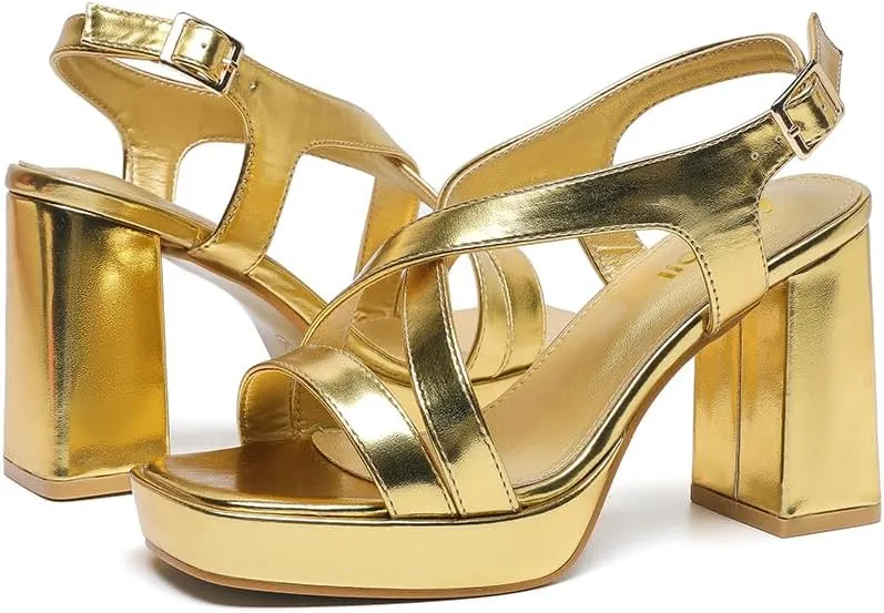 Amoji Women 4 Inch Block Heels Platform Cross Strap Chunky Heeled Sandals 318