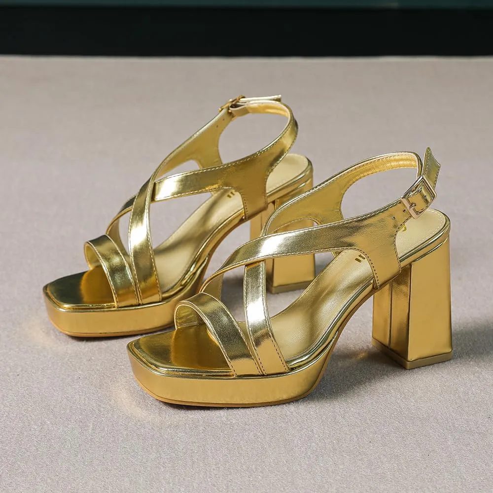 Amoji Women 4 Inch Block Heels Platform Cross Strap Chunky Heeled Sandals 318