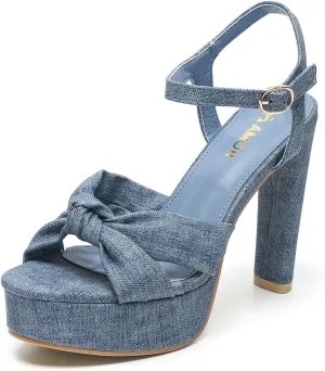 Amoji Women 4 Inch Block Platform Heels Braid Knot Lady Heeled Sandals FZ322