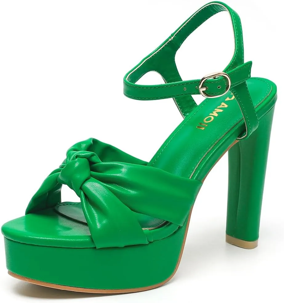Amoji Women 4 Inch Block Platform Heels Braid Knot Lady Heeled Sandals FZ322
