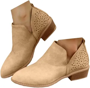 Ankle Booties for Women Casual Short Chunky Stacked Heel Slip On Hollow out Low Heel Side V Cut Western Booties Cutout Shoes