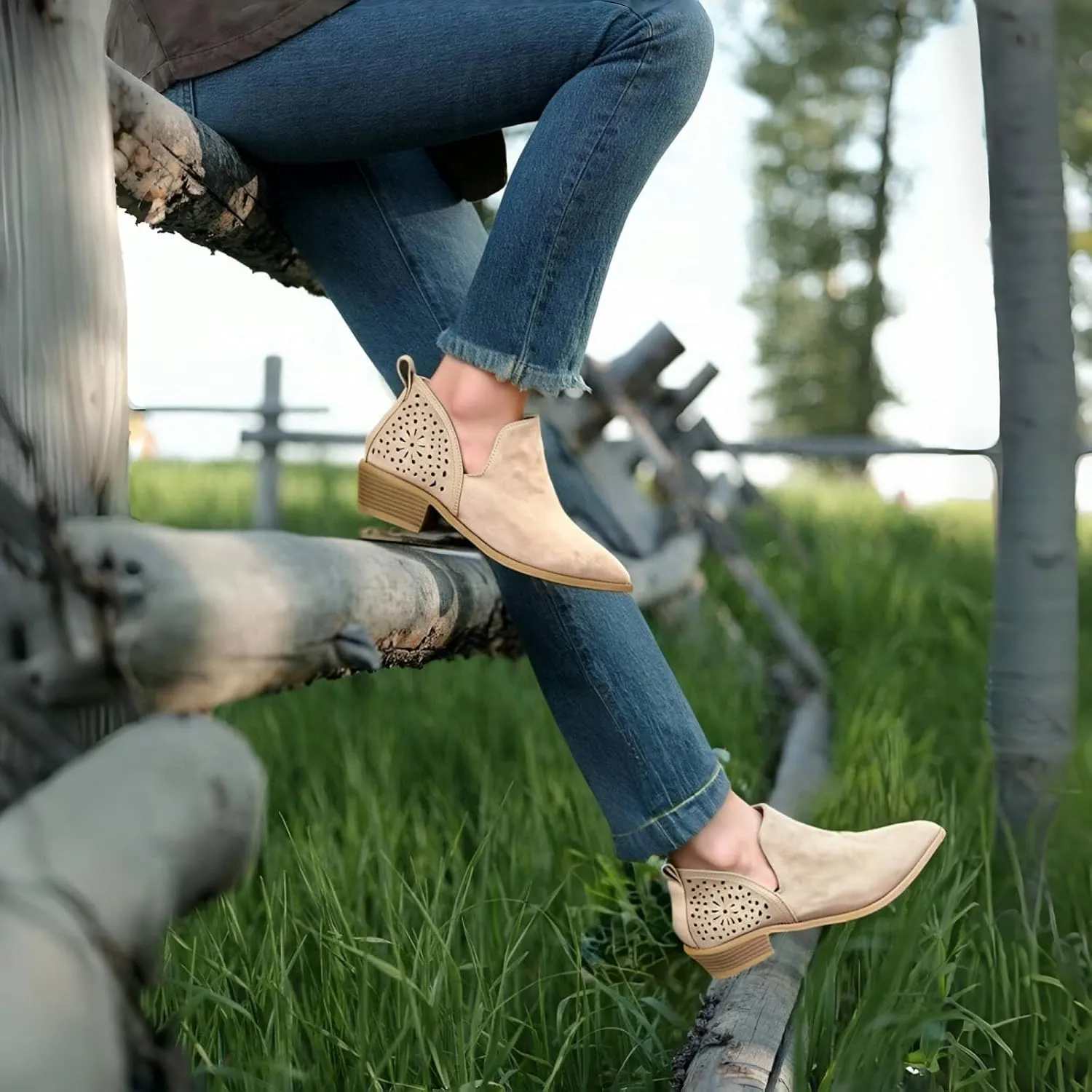 Ankle Booties for Women Casual Short Chunky Stacked Heel Slip On Hollow out Low Heel Side V Cut Western Booties Cutout Shoes