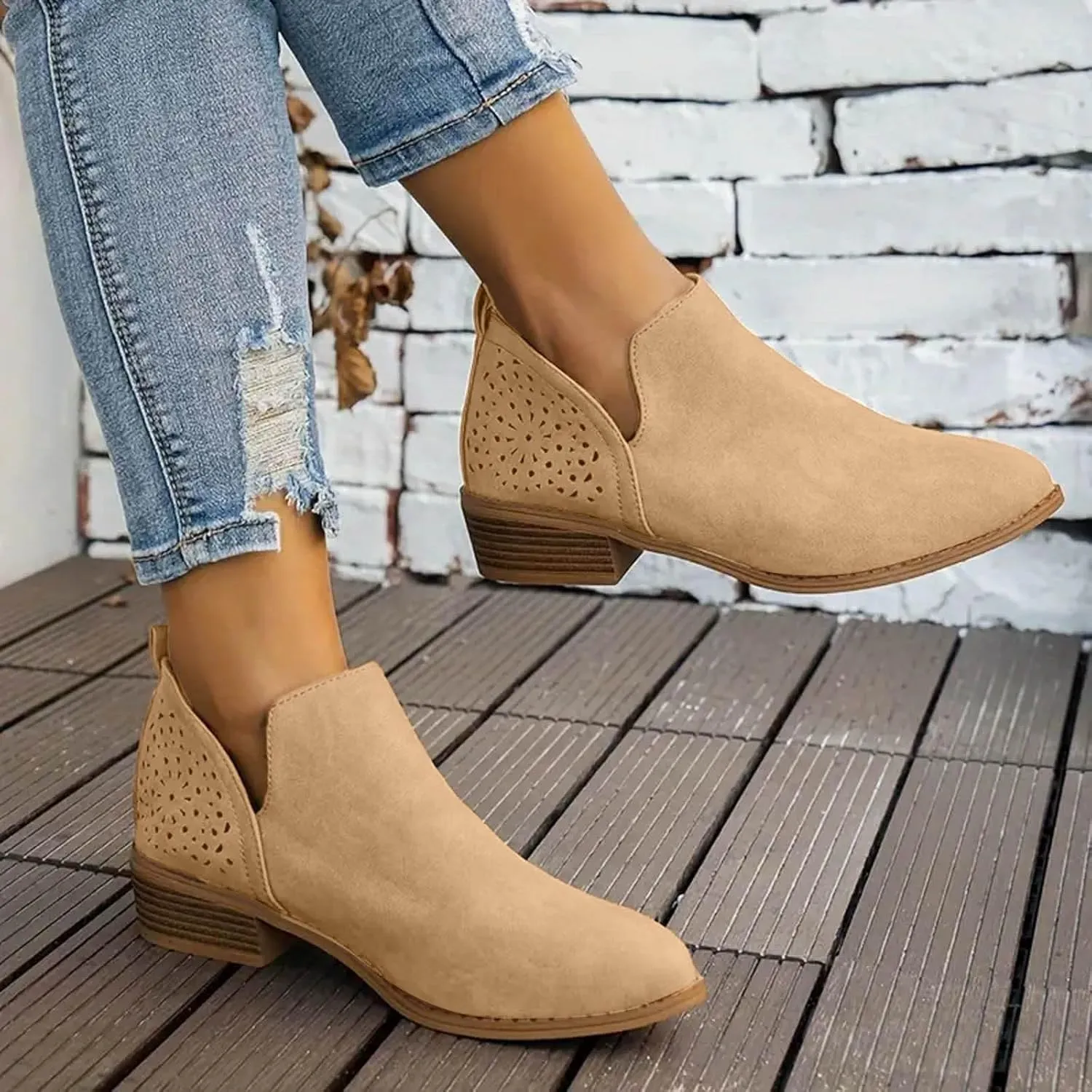 Ankle Booties for Women Casual Short Chunky Stacked Heel Slip On Hollow out Low Heel Side V Cut Western Booties Cutout Shoes
