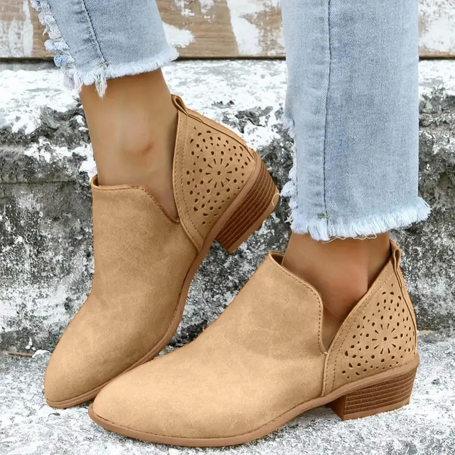 Ankle Booties for Women Casual Short Chunky Stacked Heel Slip On Hollow out Low Heel Side V Cut Western Booties Cutout Shoes