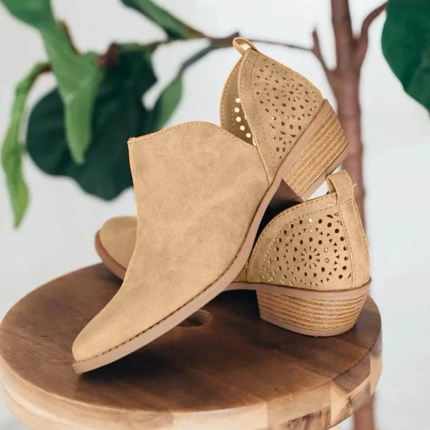 Ankle Booties for Women Casual Short Chunky Stacked Heel Slip On Hollow out Low Heel Side V Cut Western Booties Cutout Shoes