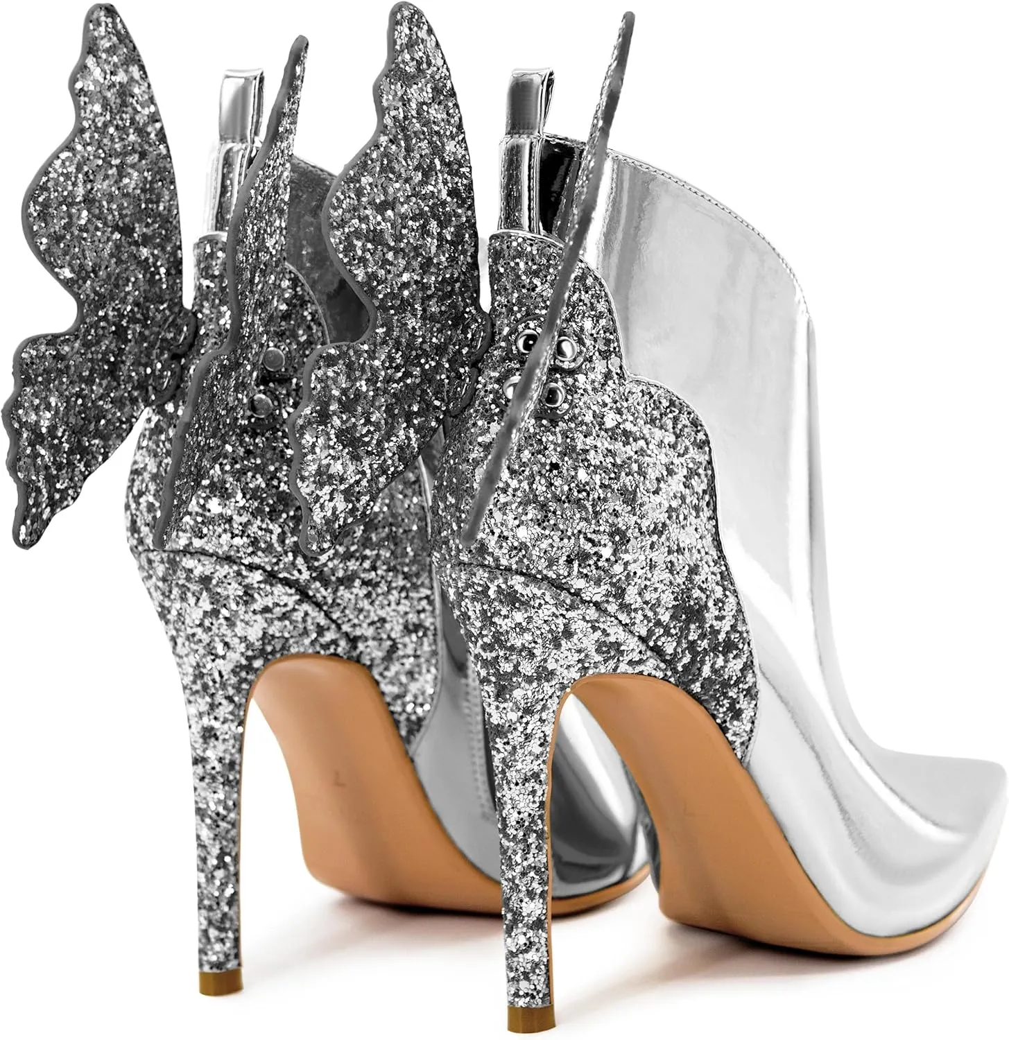 Ankle Boots Back Butterfly Sexy Pointed Toe Stiletto Booties Sparkly High Heels Dress Shoes for Women