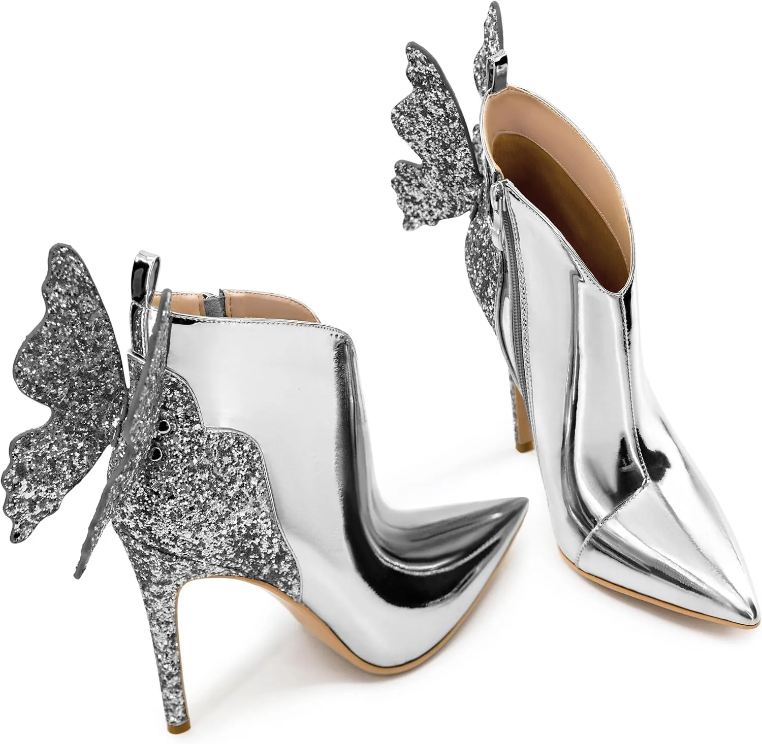 Ankle Boots Back Butterfly Sexy Pointed Toe Stiletto Booties Sparkly High Heels Dress Shoes for Women