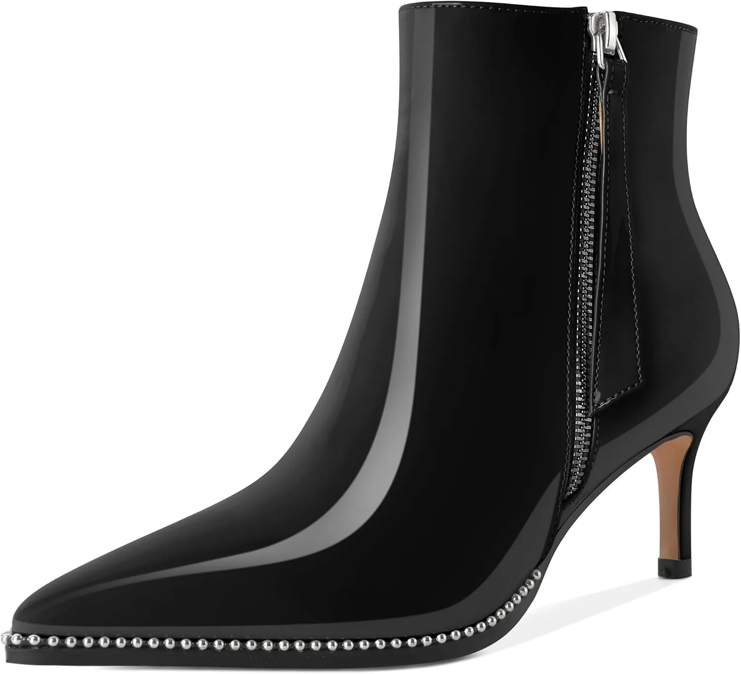 Ankle Boots Low Heel Boots Women Pointey Toe Stiletto Heel Booties 2.5" Side Zipper Short Beaded Boots Shoes Patent Leather Black US Size 8
