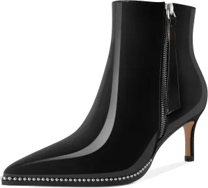Ankle Boots Low Heel Boots Women Pointey Toe Stiletto Heel Booties 2.5" Side Zipper Short Beaded Boots Shoes Patent Leather Black US Size 8