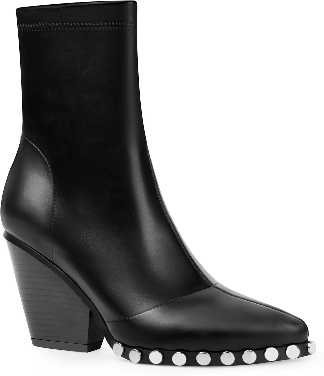 ANN CREEK Women's Studded Short Gogo Boots Pointed Toe Chunky High Heel Stretch Ankle Boots