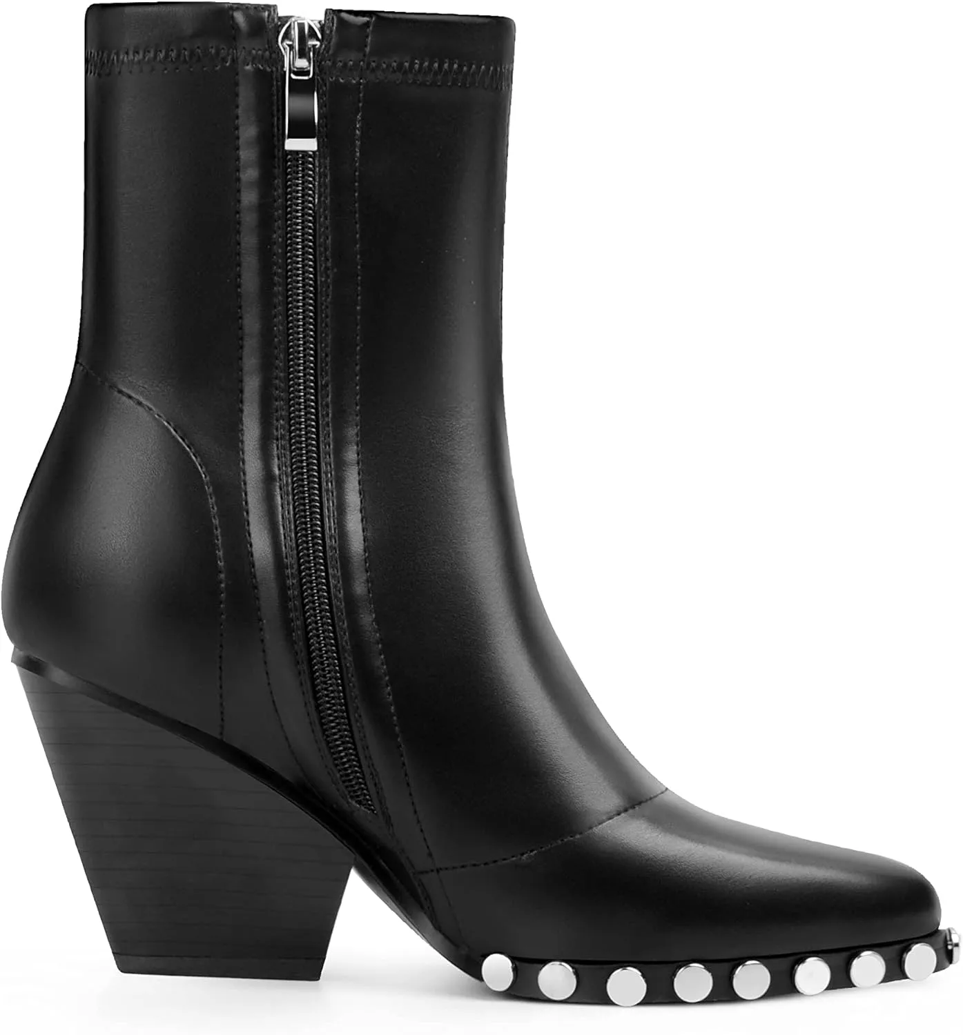 ANN CREEK Women's Studded Short Gogo Boots Pointed Toe Chunky High Heel Stretch Ankle Boots