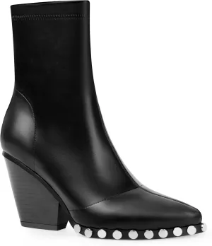 ANN CREEK Women's Studded Short Gogo Boots Pointed Toe Chunky High Heel Stretch Ankle Boots