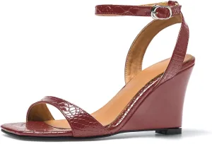 anteikira Women's Square Open Toe Ankle Strap Wedge Heel Sandals Crocodile Print High Heel Wedges Sandal Shoes Party Prom Shopping Shoes