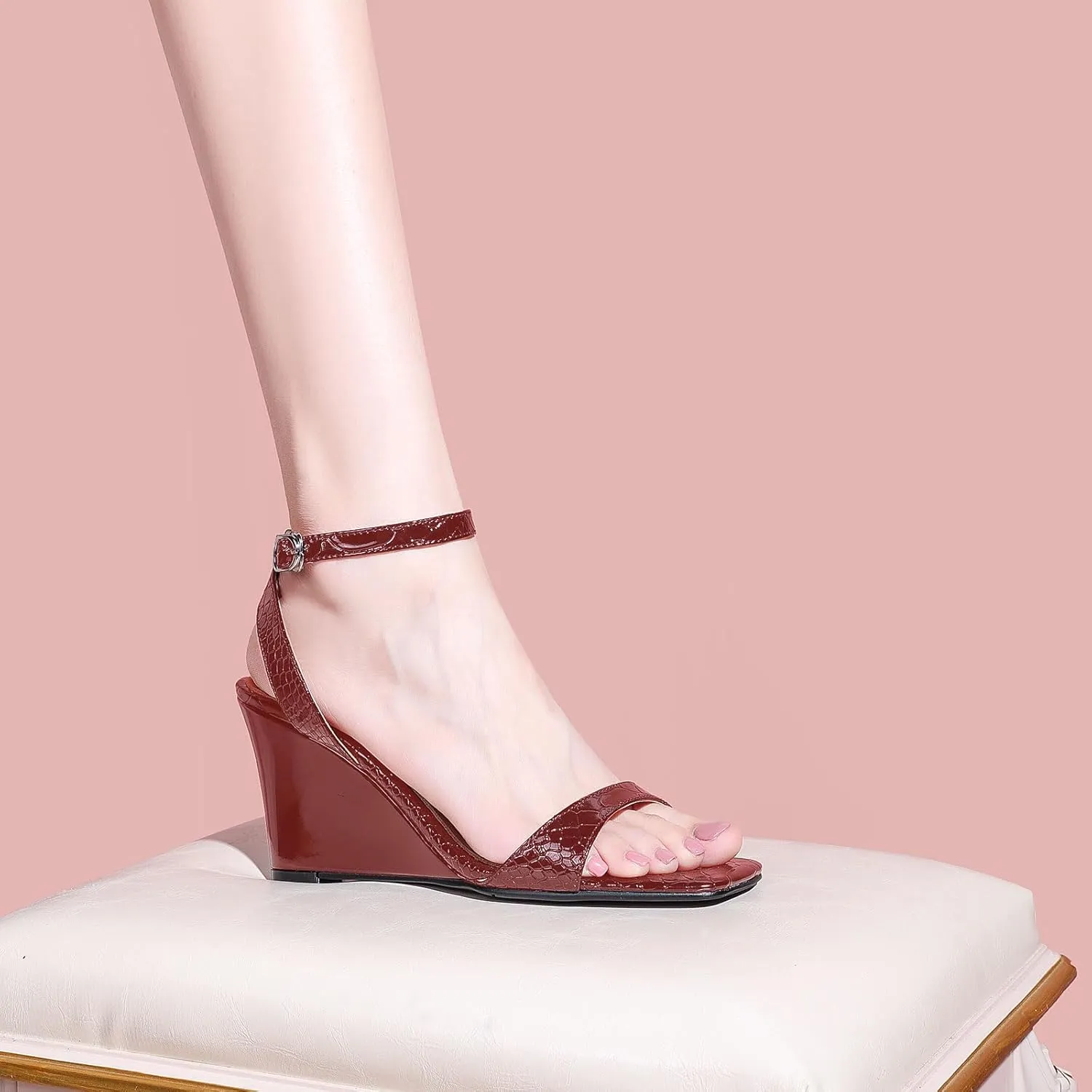 anteikira Women's Square Open Toe Ankle Strap Wedge Heel Sandals Crocodile Print High Heel Wedges Sandal Shoes Party Prom Shopping Shoes