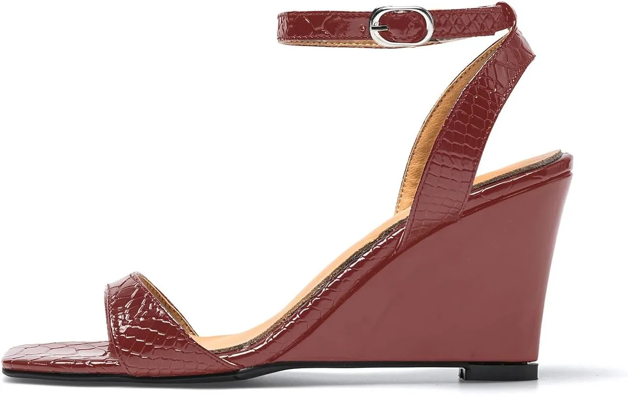 anteikira Women's Square Open Toe Ankle Strap Wedge Heel Sandals Crocodile Print High Heel Wedges Sandal Shoes Party Prom Shopping Shoes