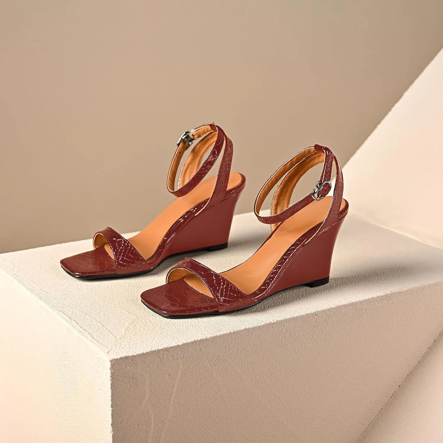 anteikira Women's Square Open Toe Ankle Strap Wedge Heel Sandals Crocodile Print High Heel Wedges Sandal Shoes Party Prom Shopping Shoes