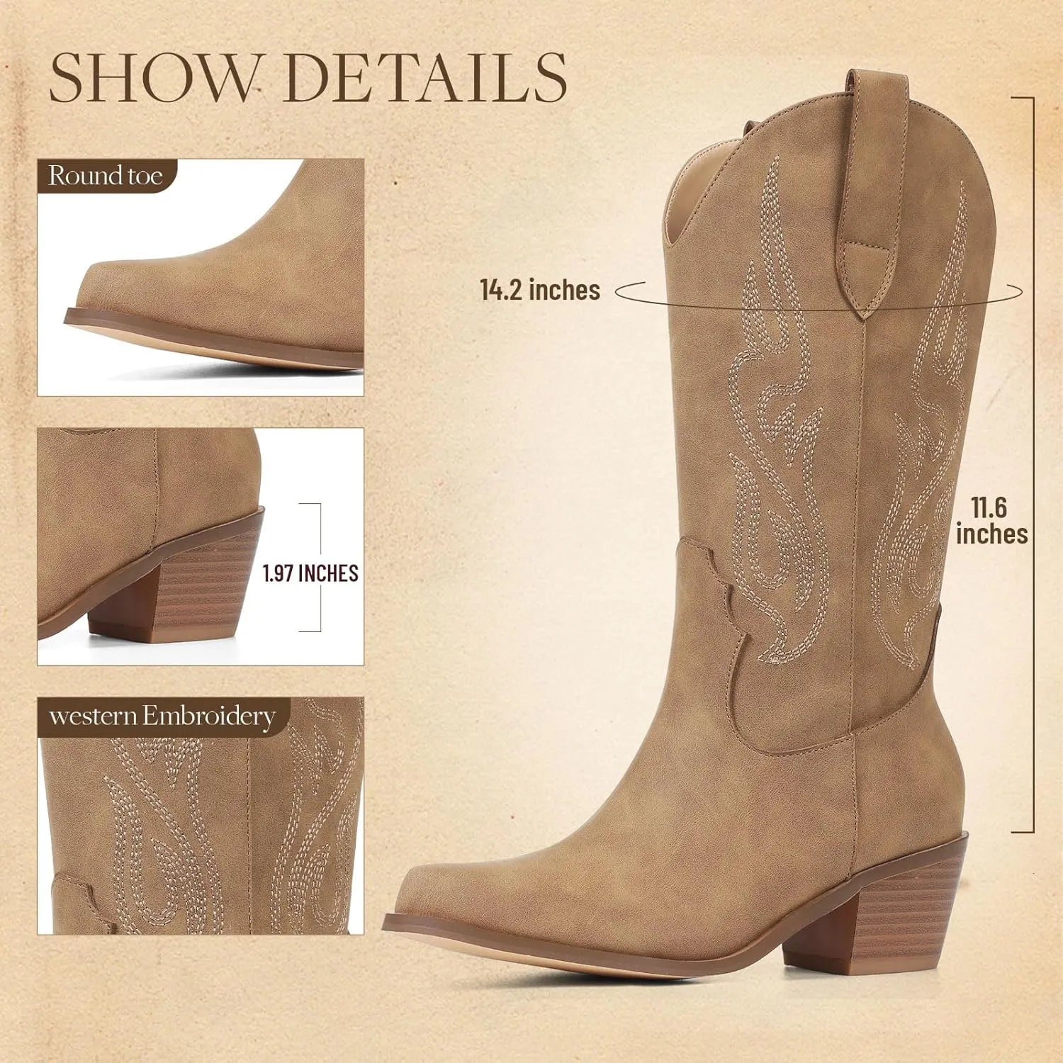 AOSPHIRAYLIAN Cowboy Boots for Women Retro Pointed Toe Pull On Block Chunky Heel Glitter Sparkly Metallic Embroidecamel Country Concert Outfits Calf Western Cowgirl Boots