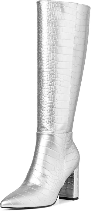 AOSPHIRAYLIAN Knee High Boots Women Snake Faux Crocodile Boots Long Tall Boots Pointed Toe Chunky High Heel Boots with Zipper Block Heel Fashion Dress Boots Pull On Size 6-10
