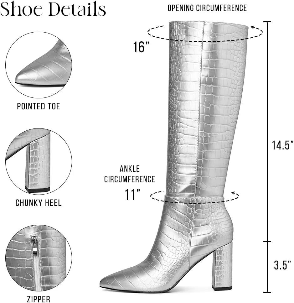 AOSPHIRAYLIAN Knee High Boots Women Snake Faux Crocodile Boots Long Tall Boots Pointed Toe Chunky High Heel Boots with Zipper Block Heel Fashion Dress Boots Pull On Size 6-10