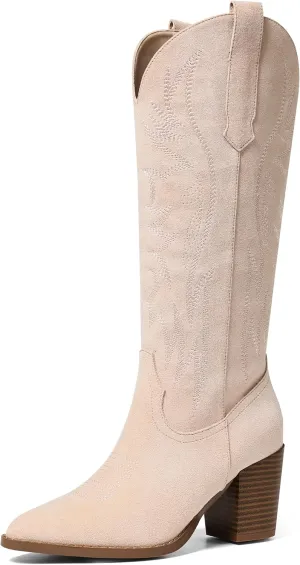 AOSPHIRAYLIAN Womens Knee High Boots for Women Pointed Toe Cowboy Cowgirl Boots with Embroidery Pull On Chunky Block High Heel Western Boots