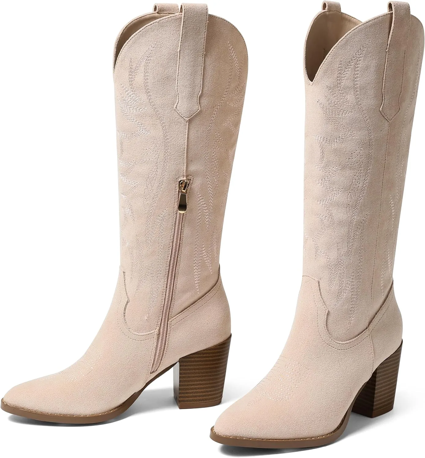 AOSPHIRAYLIAN Womens Knee High Boots for Women Pointed Toe Cowboy Cowgirl Boots with Embroidery Pull On Chunky Block High Heel Western Boots