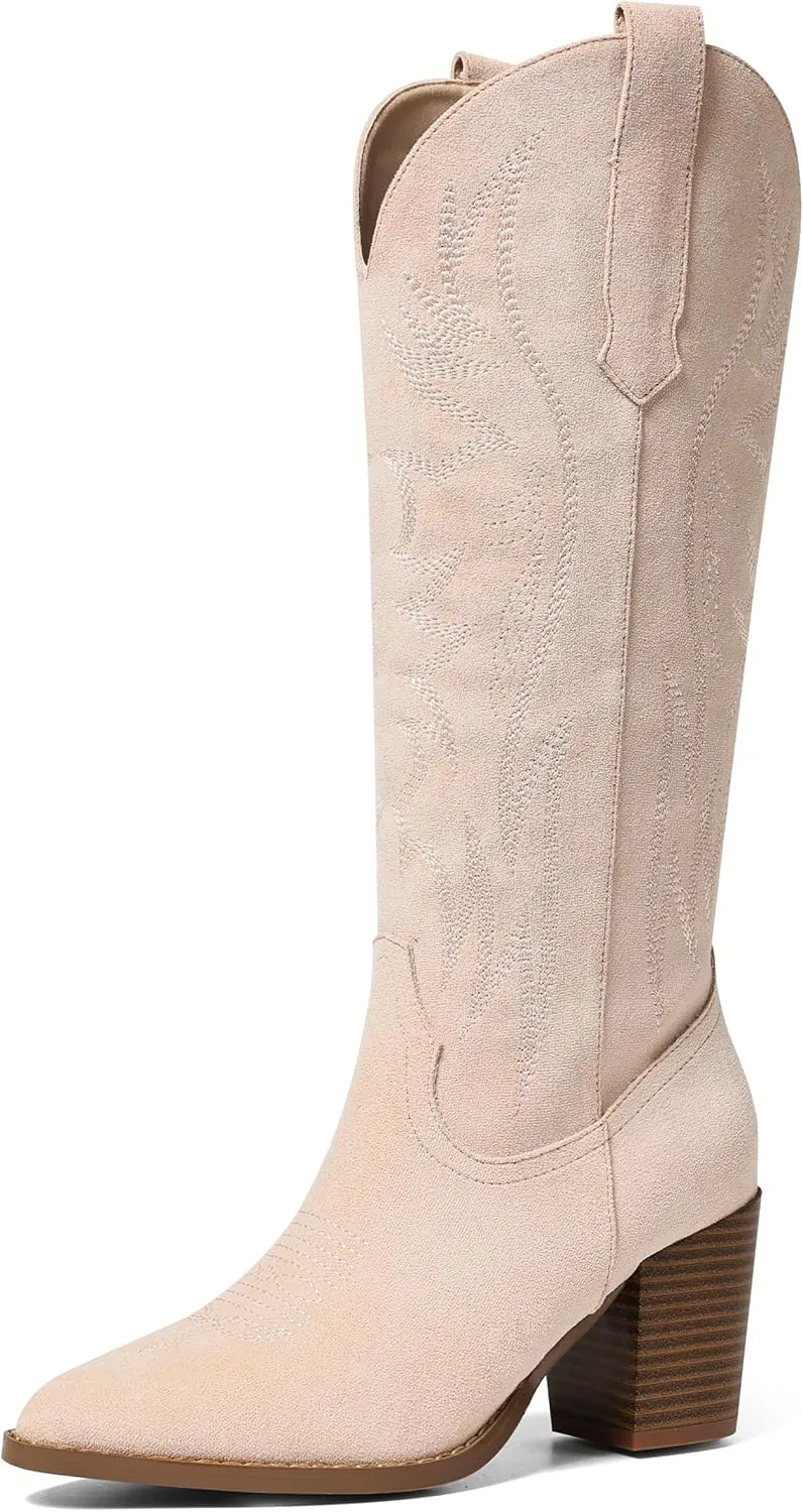 AOSPHIRAYLIAN Womens Knee High Boots for Women Pointed Toe Cowboy Cowgirl Boots with Embroidery Pull On Chunky Block High Heel Western Boots