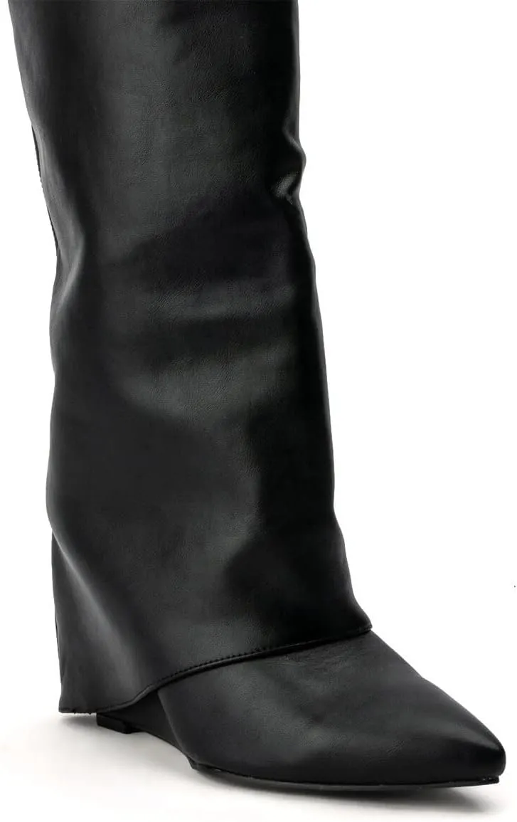 Arqa Fold Over Wedge Boots for Women Faux Crocodile Pattern Knee High Boot with Rivet Buckle Wide Calf Fall Shoes